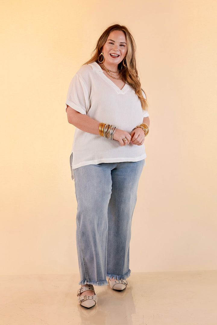 Quite Appropriate Short Sleeve Collared V Neck Linen Top with Rolled Sleeve Detail in White