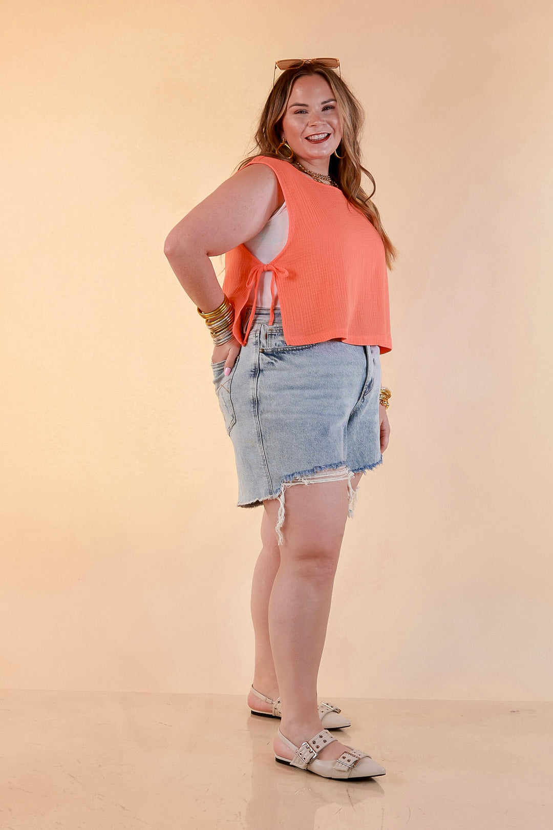 Tie it Together Sleeveless Linen Tank Top with Side Tie Detail in Coral Orange