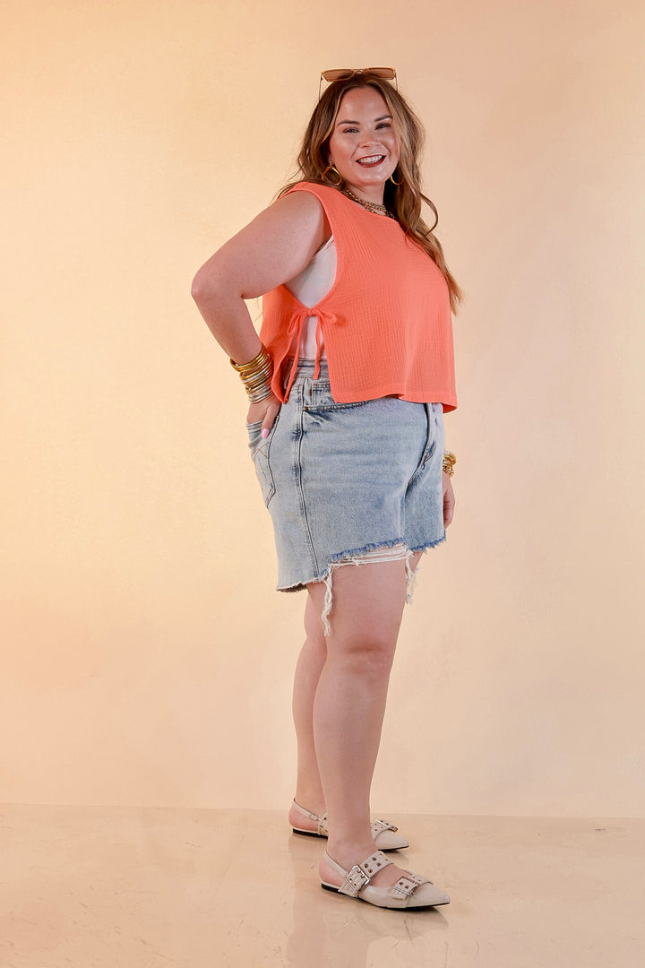 Tie it Together Sleeveless Linen Tank Top with Side Tie Detail in Coral Orange