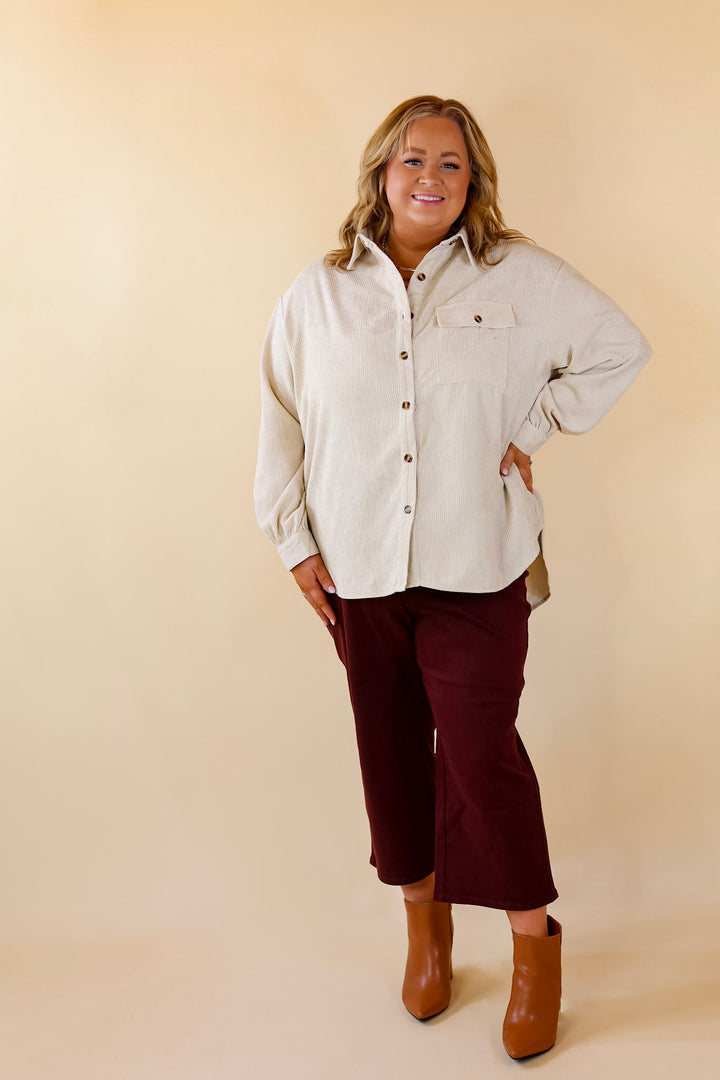 All Dolled Up Button Up Corduroy Shacket in Ivory - Giddy Up Glamour Boutique