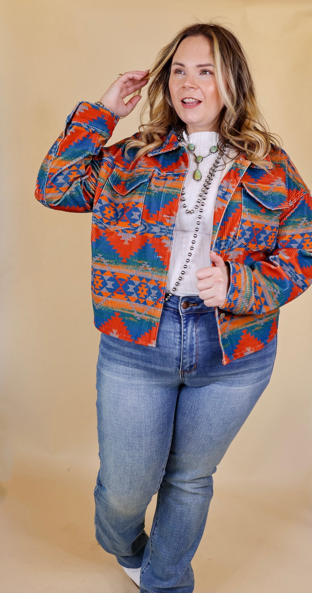 Edgy and Chic Button Up Corduroy Aztec Print Jacket in Red and Blue - Giddy Up Glamour Boutique