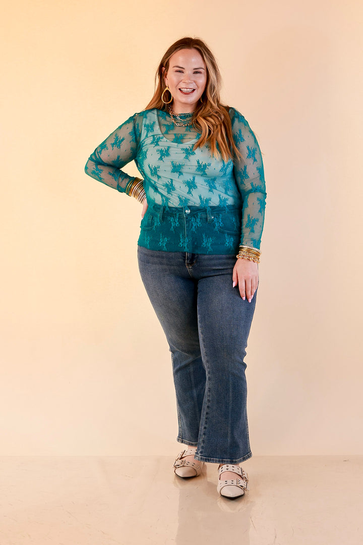 Delicate Charm Long Sleeve Sheer Lace Top with Mock Neck in Turquoise Blue