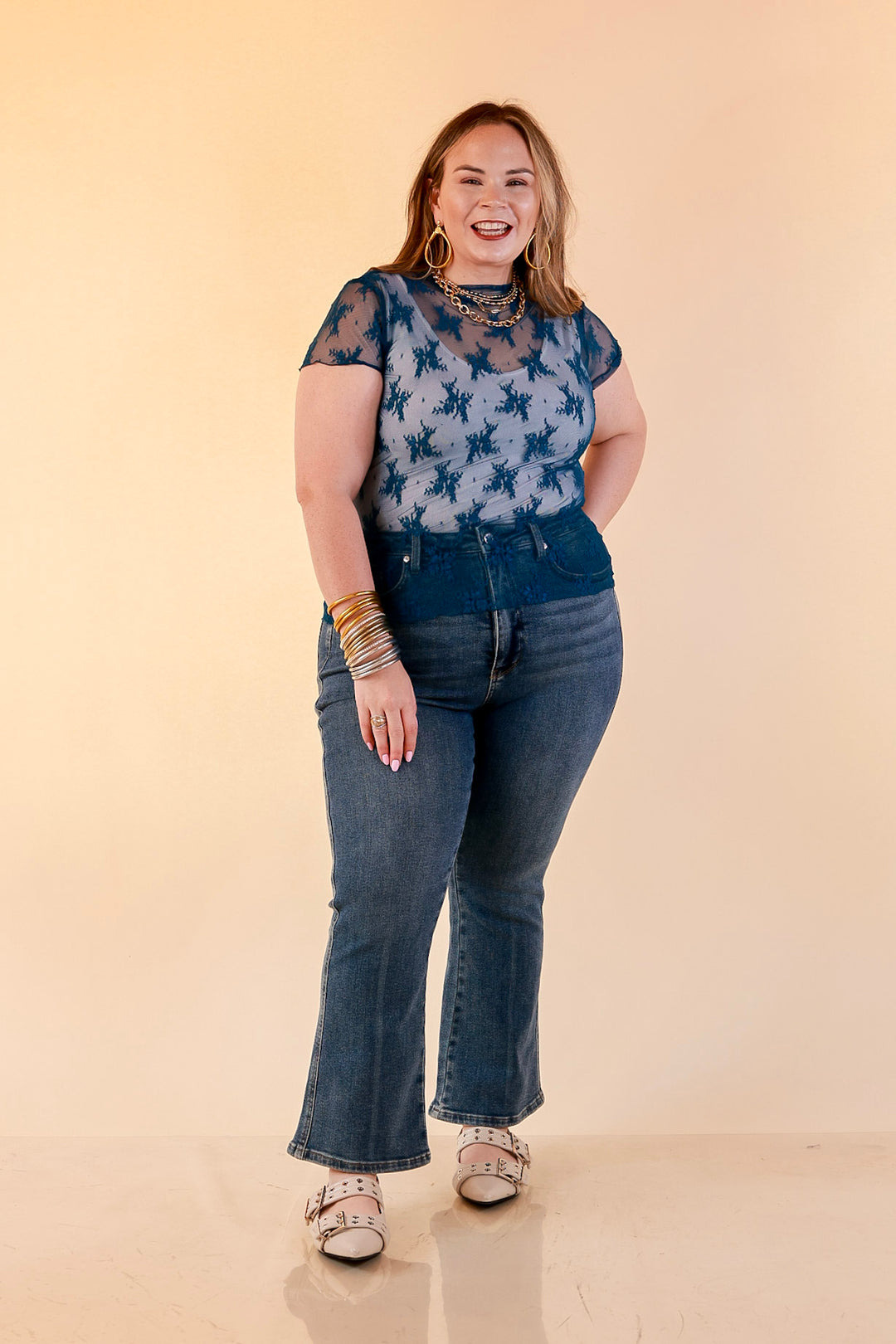 Lovely in Lace Sheer Mock Neck Short Sleeve Top in Teal Blue