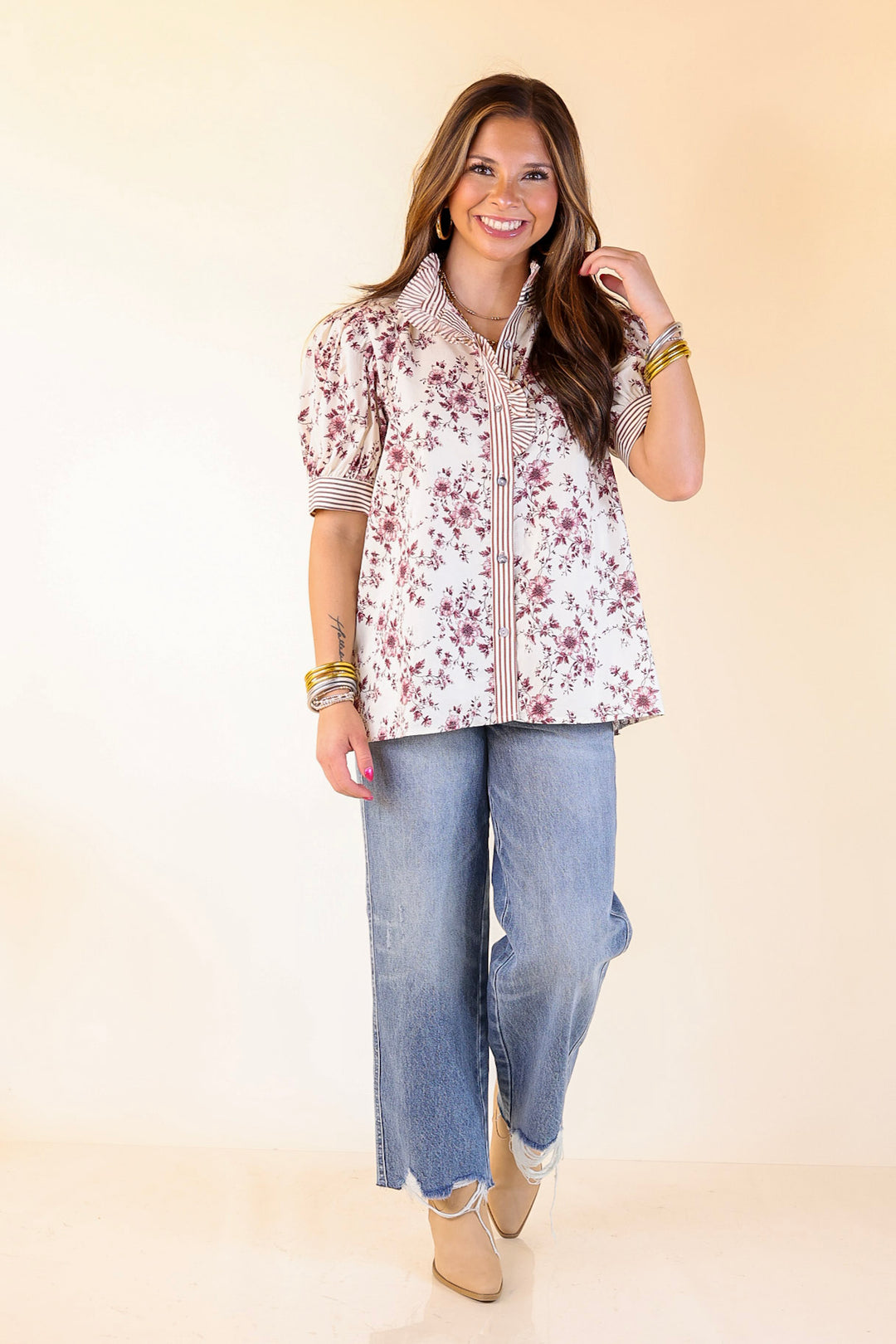 Timeless Beauty Button Up Puff Sleeve Top with Maroon Floral French Toile Print in Cream
