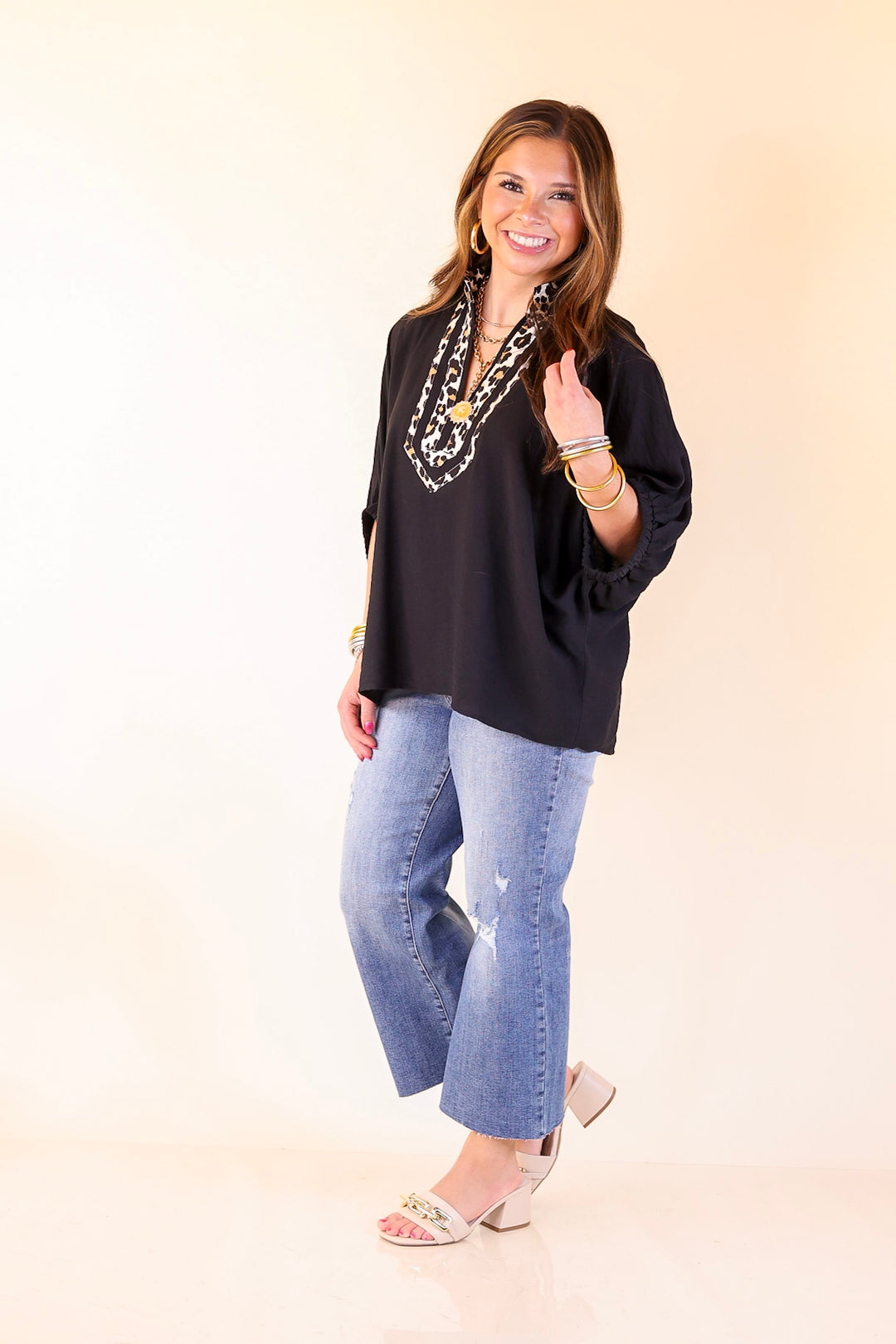 Naturally Stylish Leopard Print Trim Poncho Top in Black