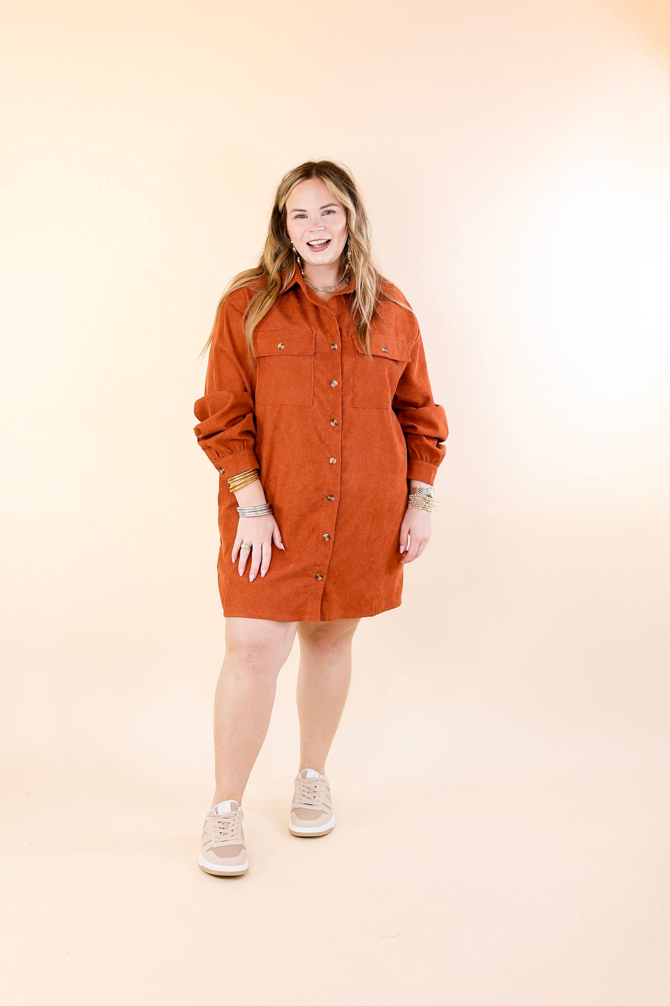 Peanut Brittle Button Up Corduroy Long Sleeve Dress in Rust Orange