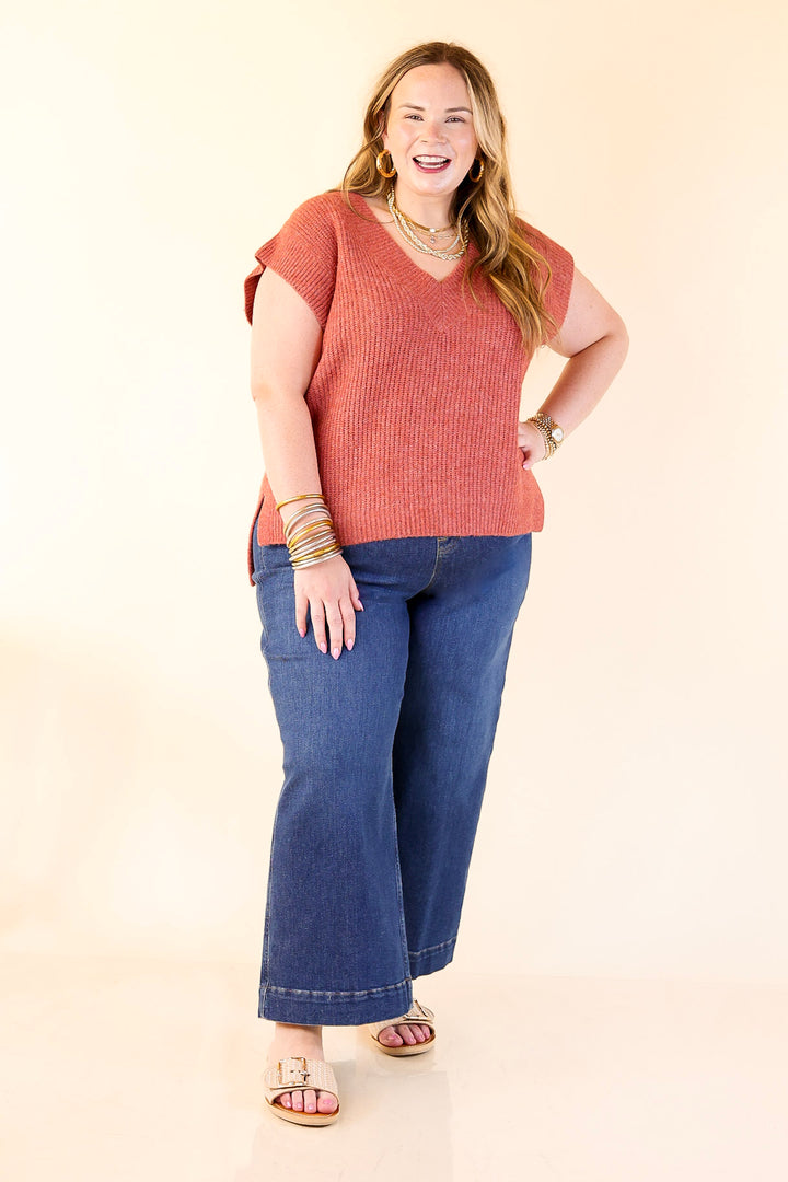 Fall For You Textured V-Neck Oversized Knit Sweater Vest Top in Rust Orange