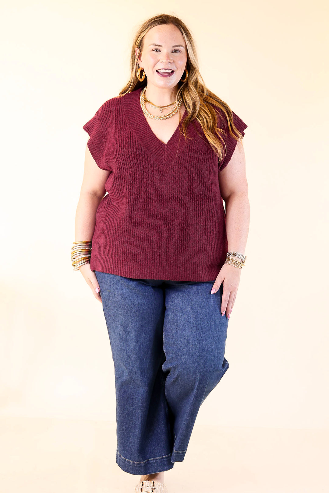 Fall For You Textured V-Neck Oversized Knit Sweater Vest Top in Maroon
