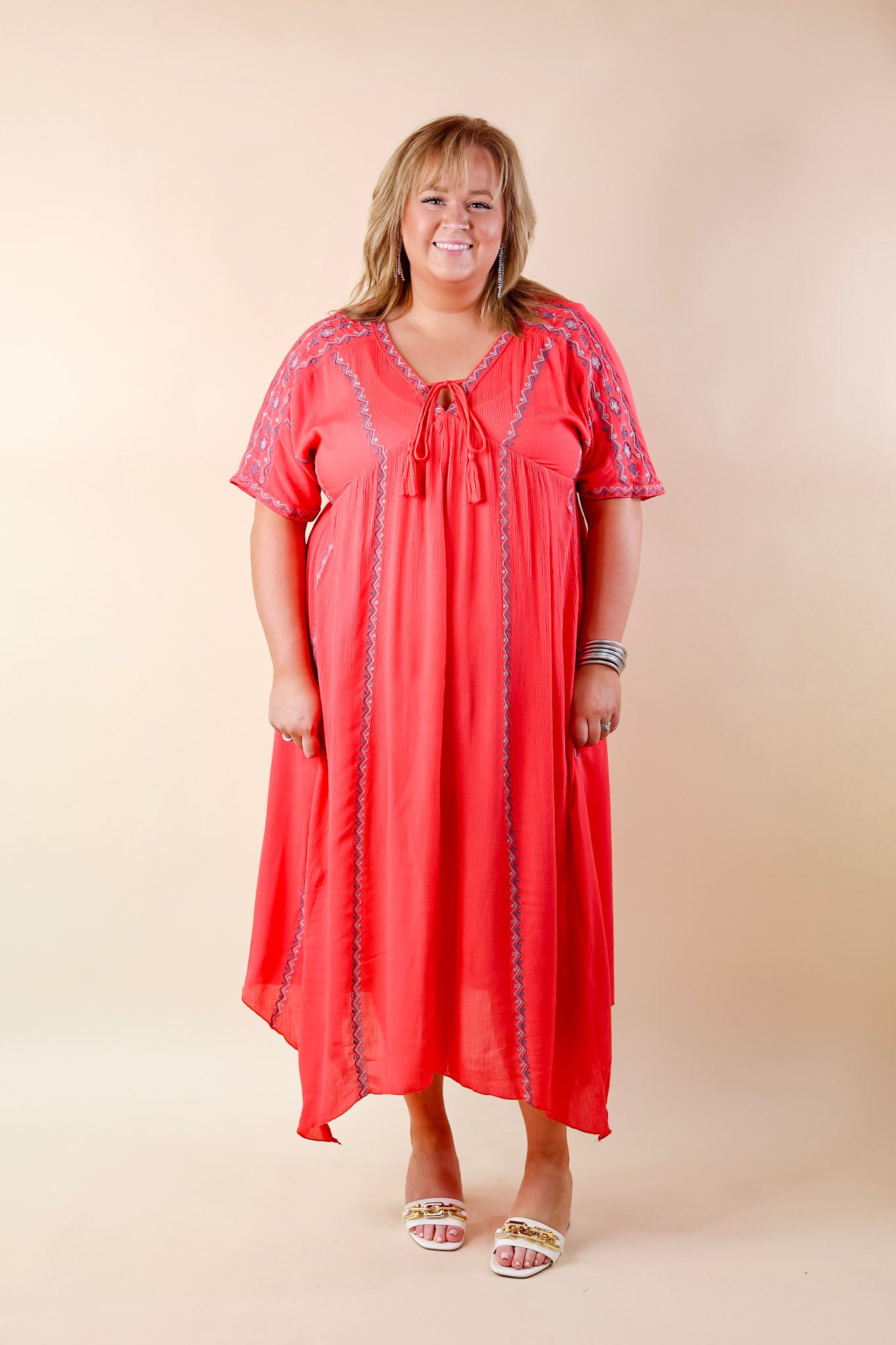 Just For You Embroidered Maxi Dress with Tassel Tie Neck in Coral - Giddy Up Glamour Boutique