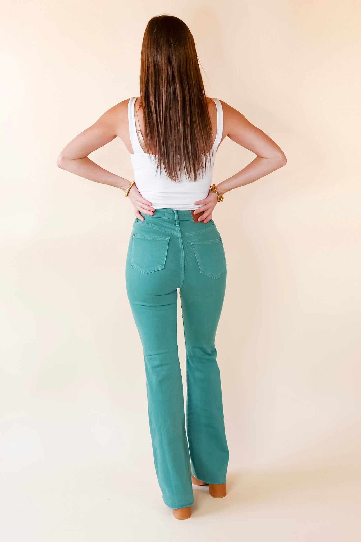 Judy Blue | Manifest It Tummy Control Flare Jeans in Topaz Green - Giddy Up Glamour Boutique