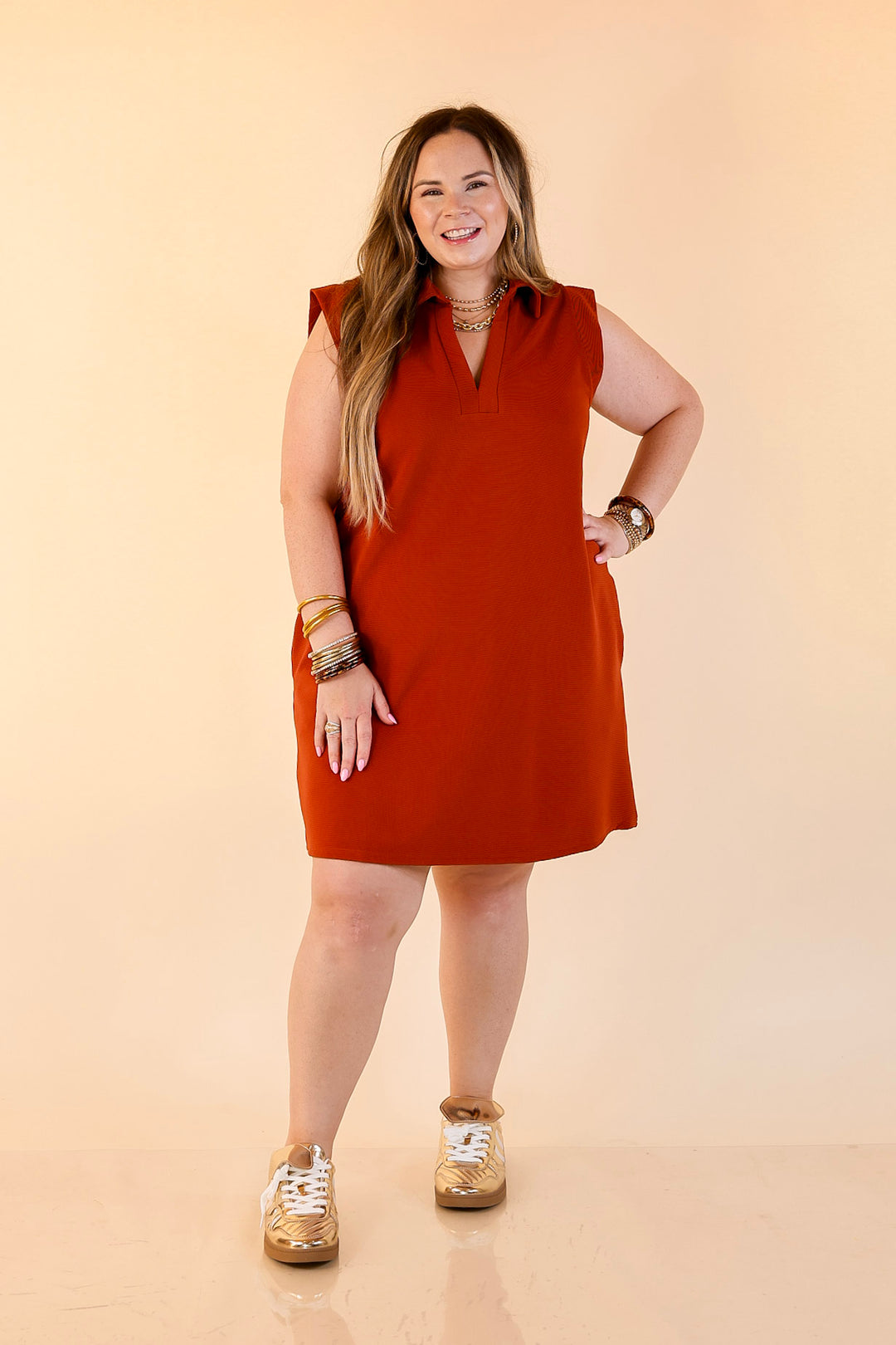 Polished Perfection Cap Sleeve Dress with Collar in Rust Orange