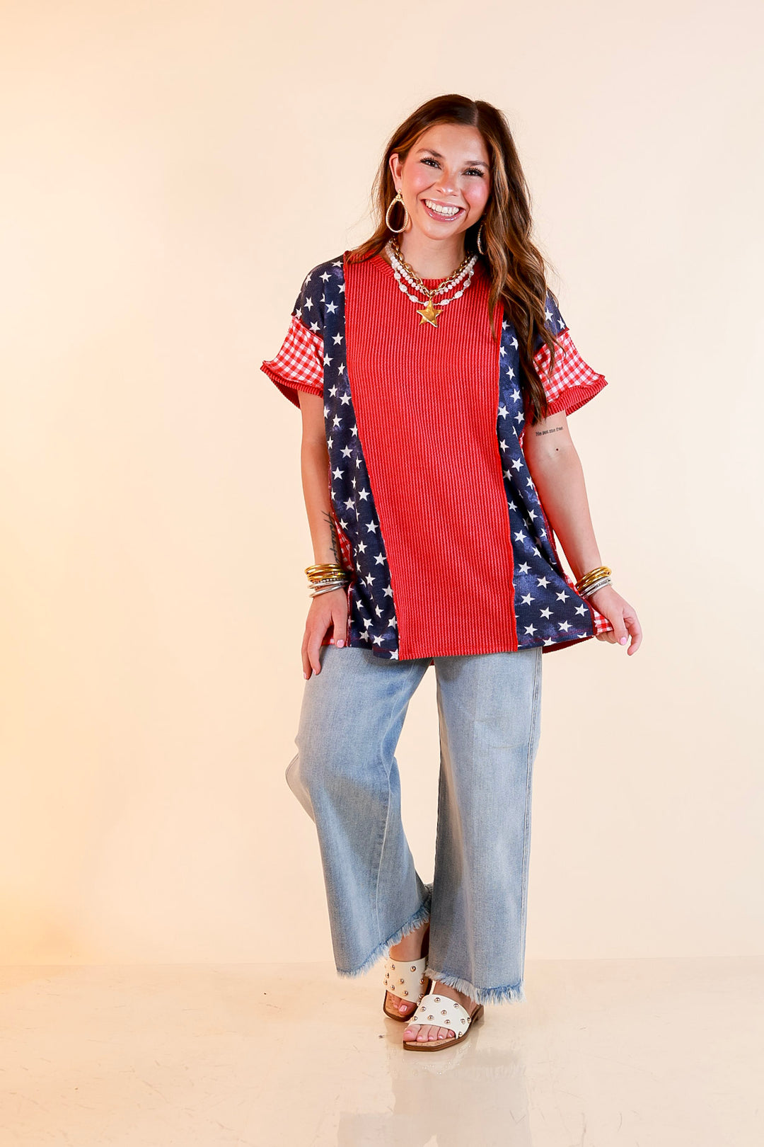 Make Your Mark Ribbed Scoop Neck Mixed Print Short Sleeve Top with Star and Gingham Detailing in Red
