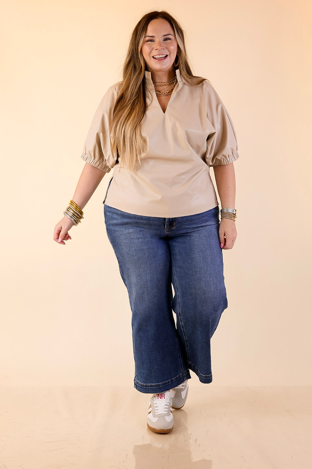 Effortlessly Cool Faux Leather Top with Short Balloon Sleeves in Ivory