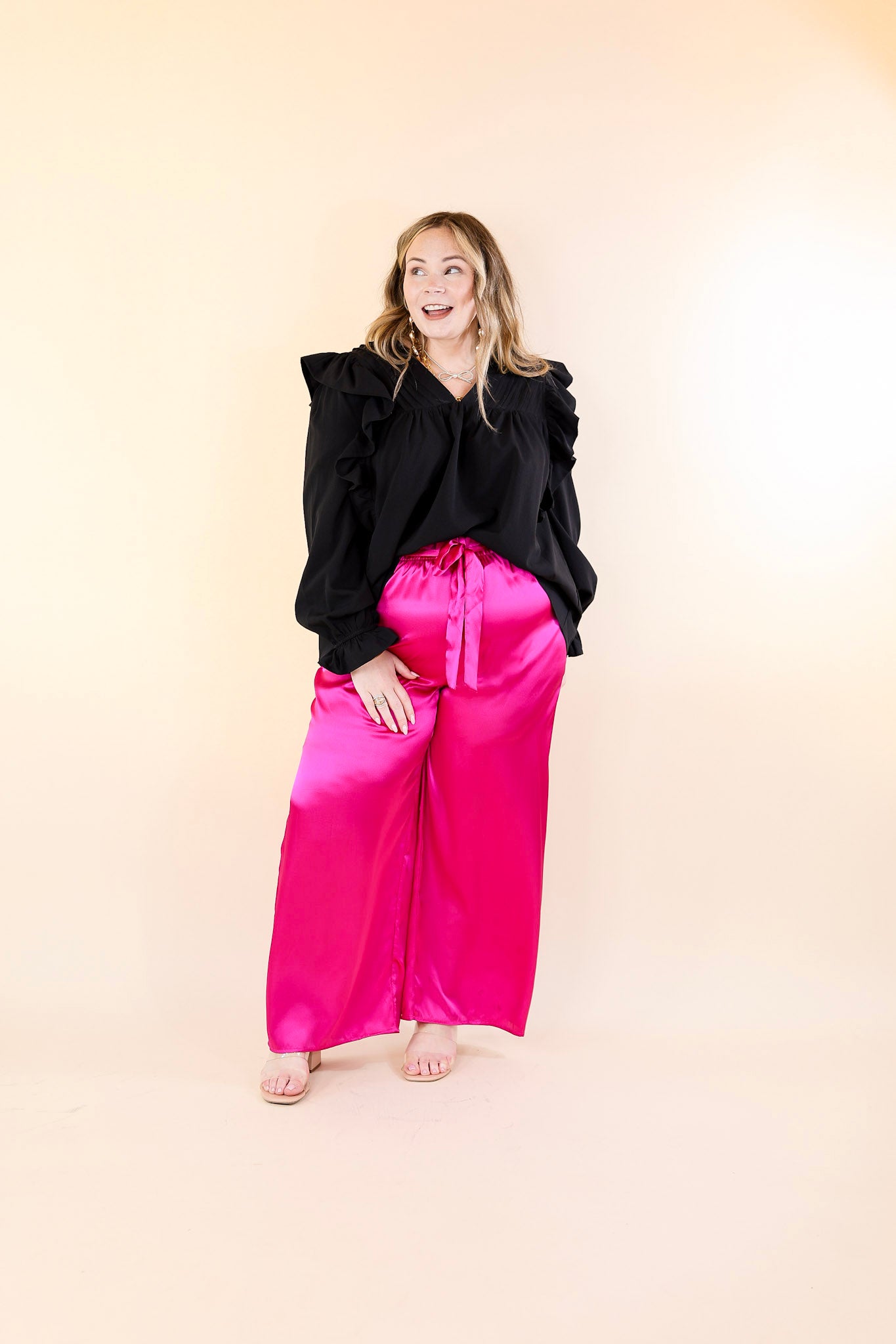 Dare To Dazzle Wide Leg Satin Pants with Waist Tie in Fuchsia Pink