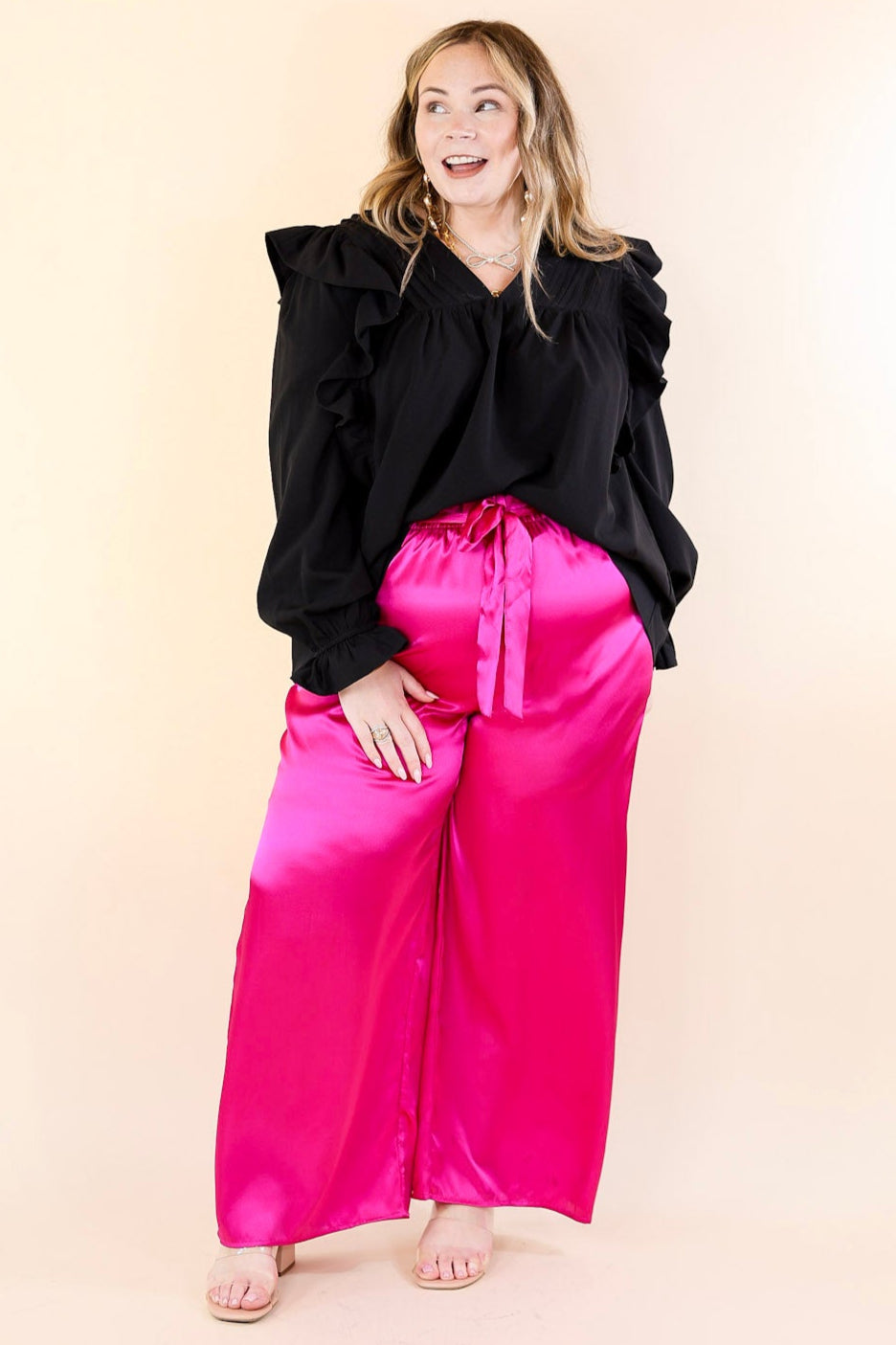 Dare To Dazzle Wide Leg Satin Pants with Waist Tie in Fuchsia Pink