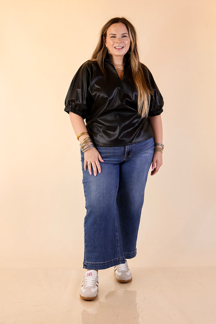 Effortlessly Cool Faux Leather Top with Short Balloon Sleeves in Black