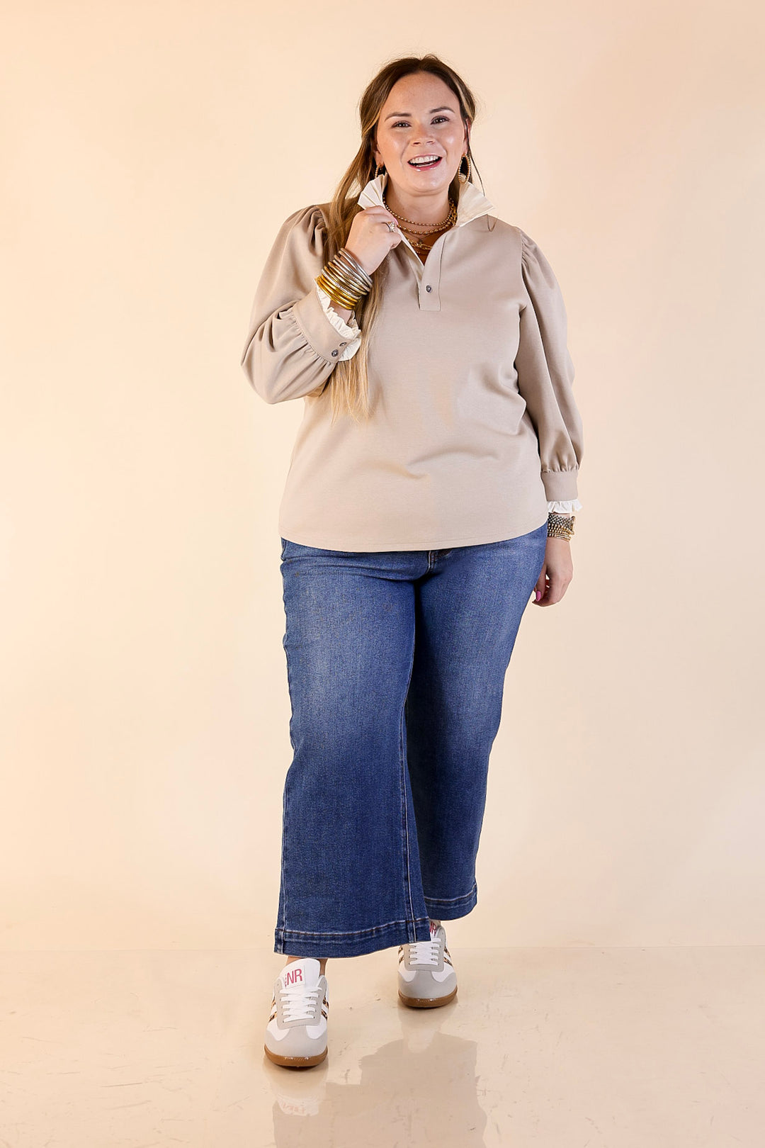 Refined Edge Puff 3/4 Sleeve Top with Collar Detailing in Sand