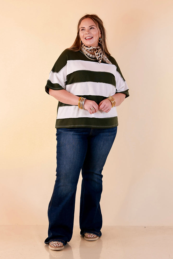 Simply Styled Color Block Rugby Style Relaxed Short Sleeve Top in Olive Green