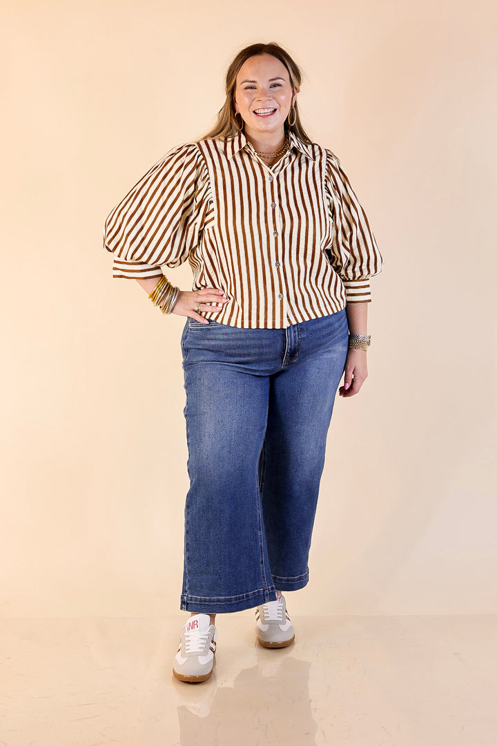 The Bold Type Striped Long Sleeve Button-Up Top in White with Chocolate Brown Stripes