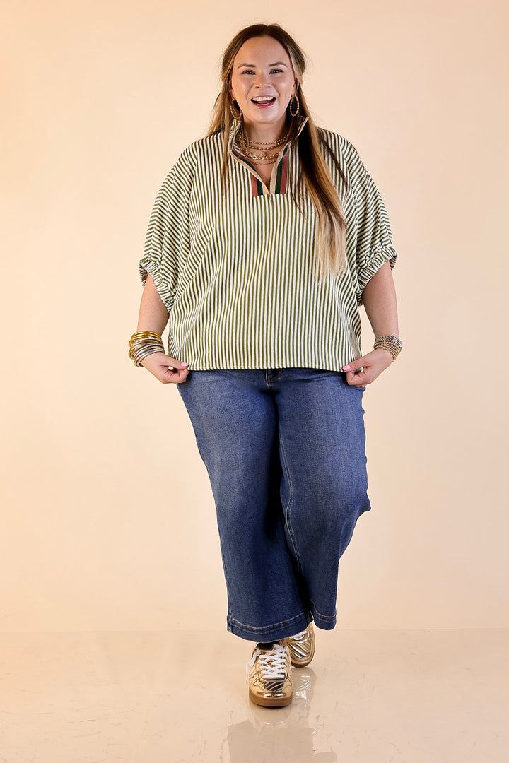 Naturally Stylish Striped Poncho Top in Olive Green