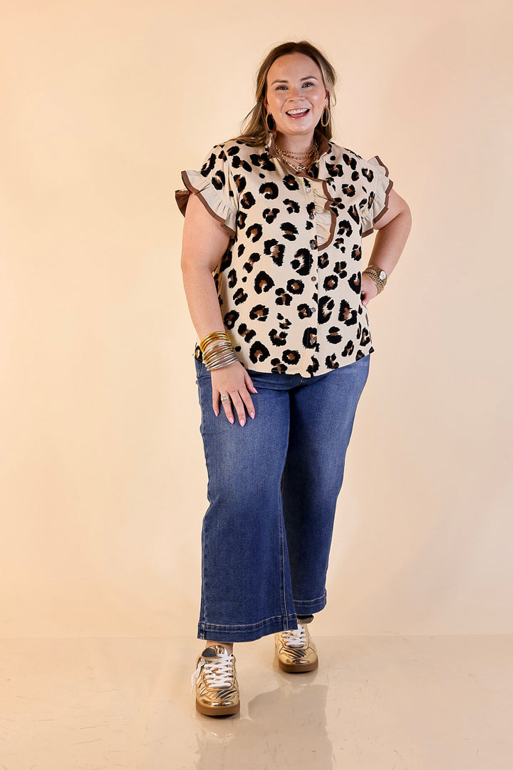 Natural Charm Leopard Print Button Up Ruffle Sleeve Top in Taupe