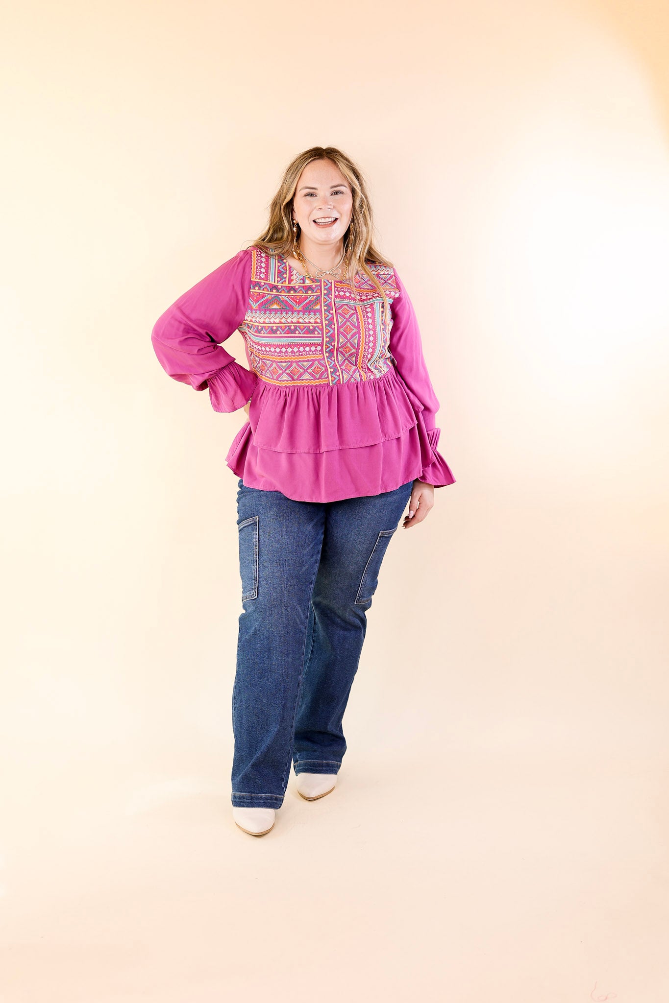 Rhythm Of The Season Embroidered Long Sleeve Top in Magenta