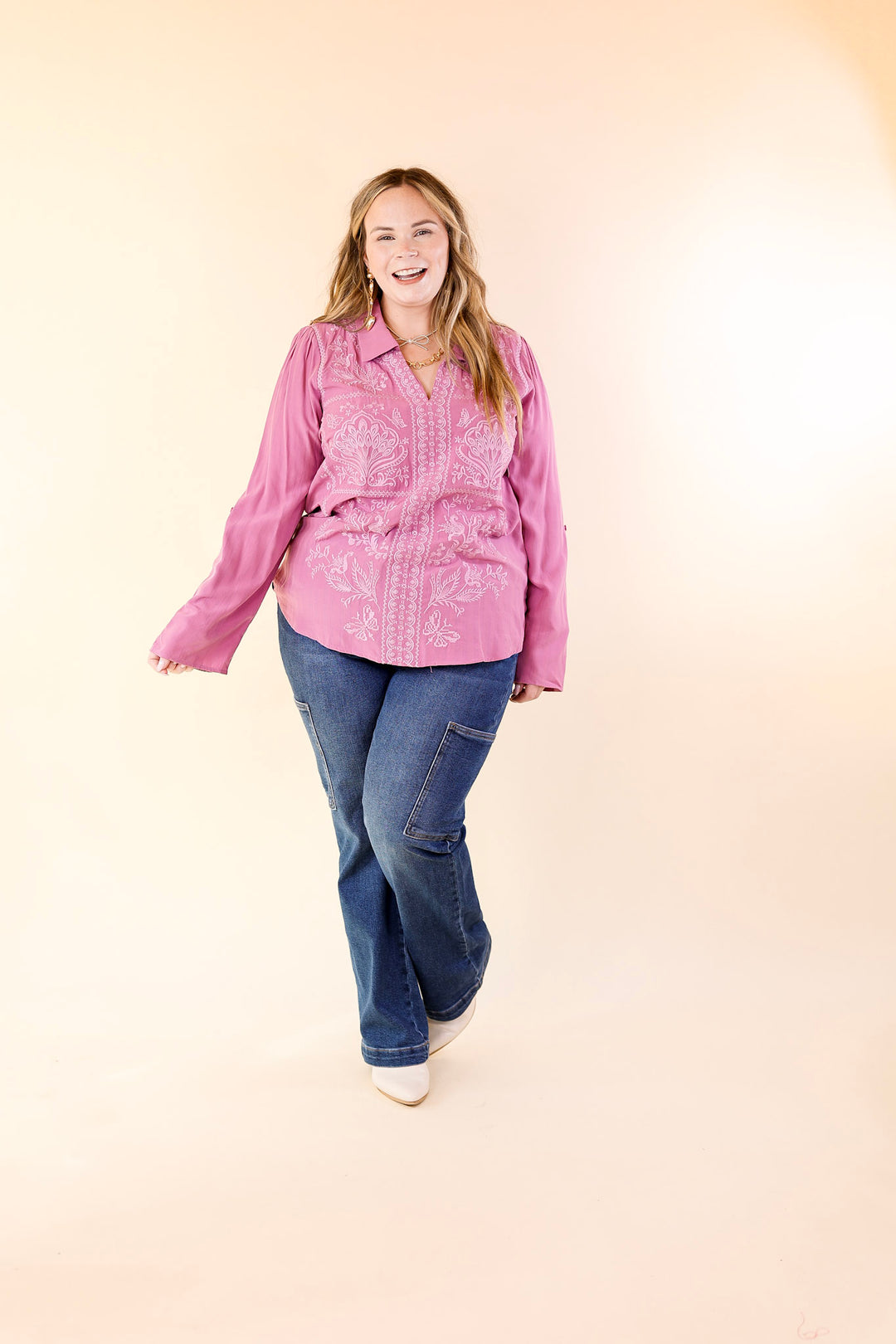 Sunny Garden Embroidered 3/4 Sleeve Top with Collared Neckline in Purple