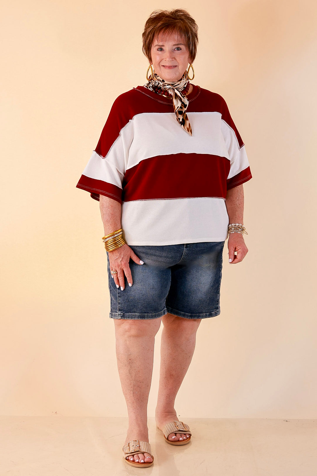 Simply Striking Color Block Rugby Style Wide Stripe Relaxed Short Sleeve Top in Maroon