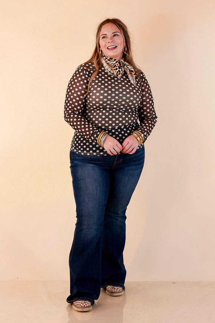The Perfect Layer White Polka Dot Print Sheer Mesh Long Sleeve Top in Olive Green