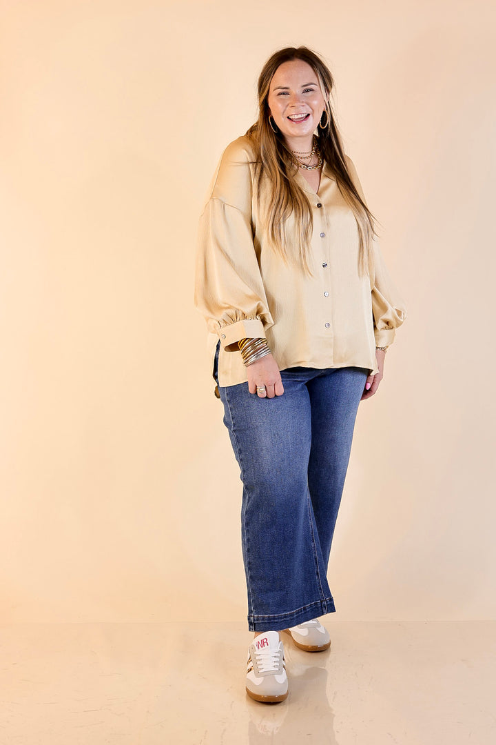 Sweet Notion Button Up 3/4 Balloon Sleeve Top in Gold