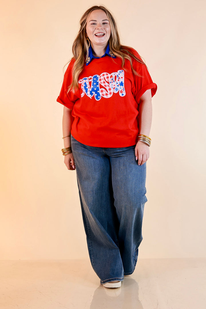 Sweet Land of Style USA Coquette Short Sleeve Graphic Tee with Bow Detailing in Red