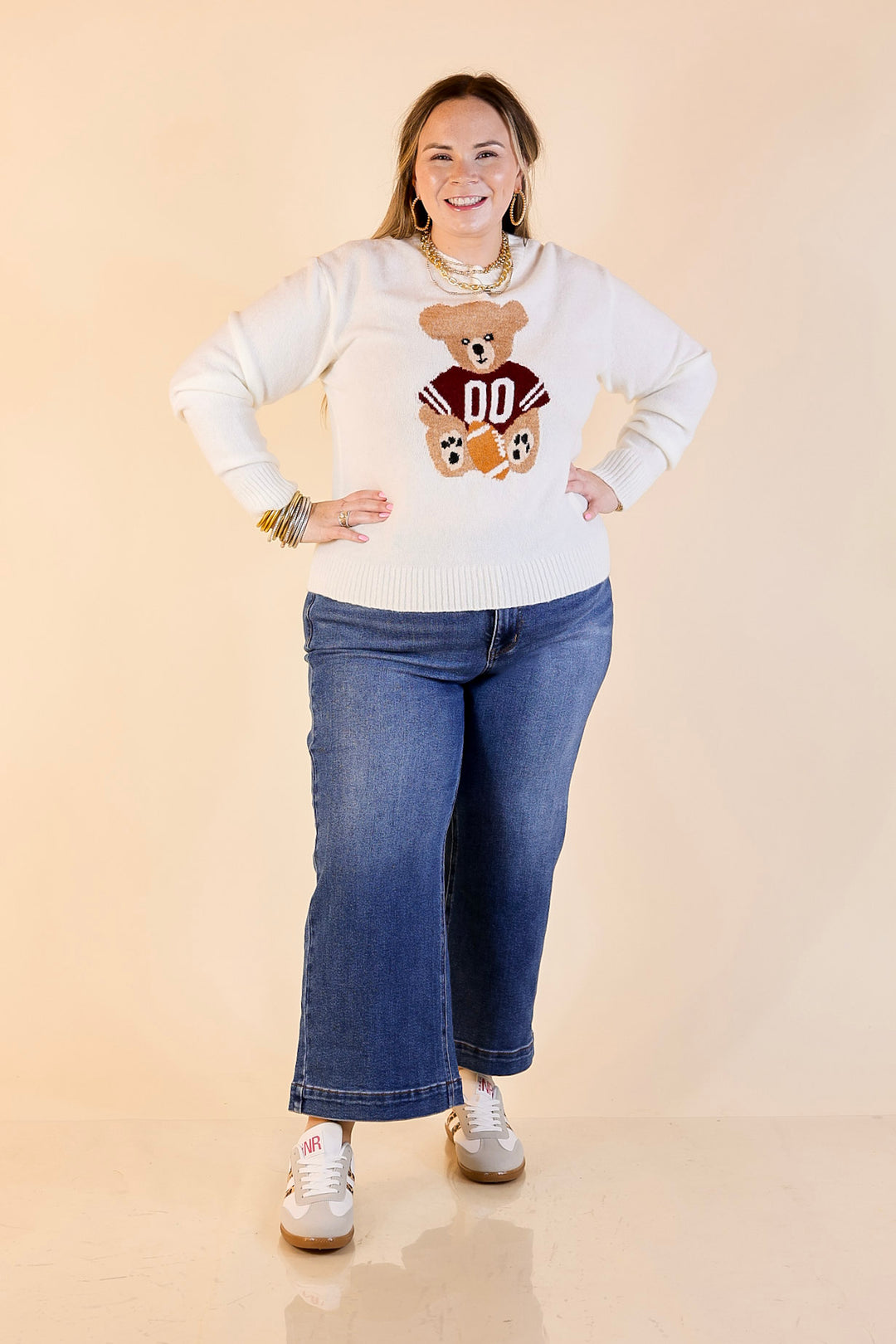 Simply Southern | Finest Touch Crewneck Sweater with Football Teddy Bear Graphic in Cream