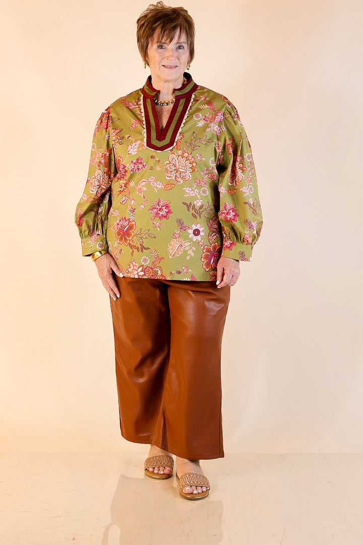 Autumn Allure Floral Long Sleeve Top with Contrast Trim in Olive Green