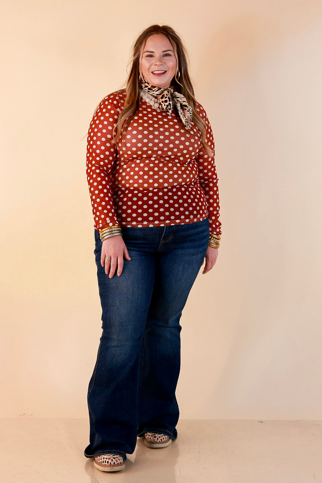 The Perfect Layer White Polka Dot Print Sheer Mesh Long Sleeve Top in Rust Orange
