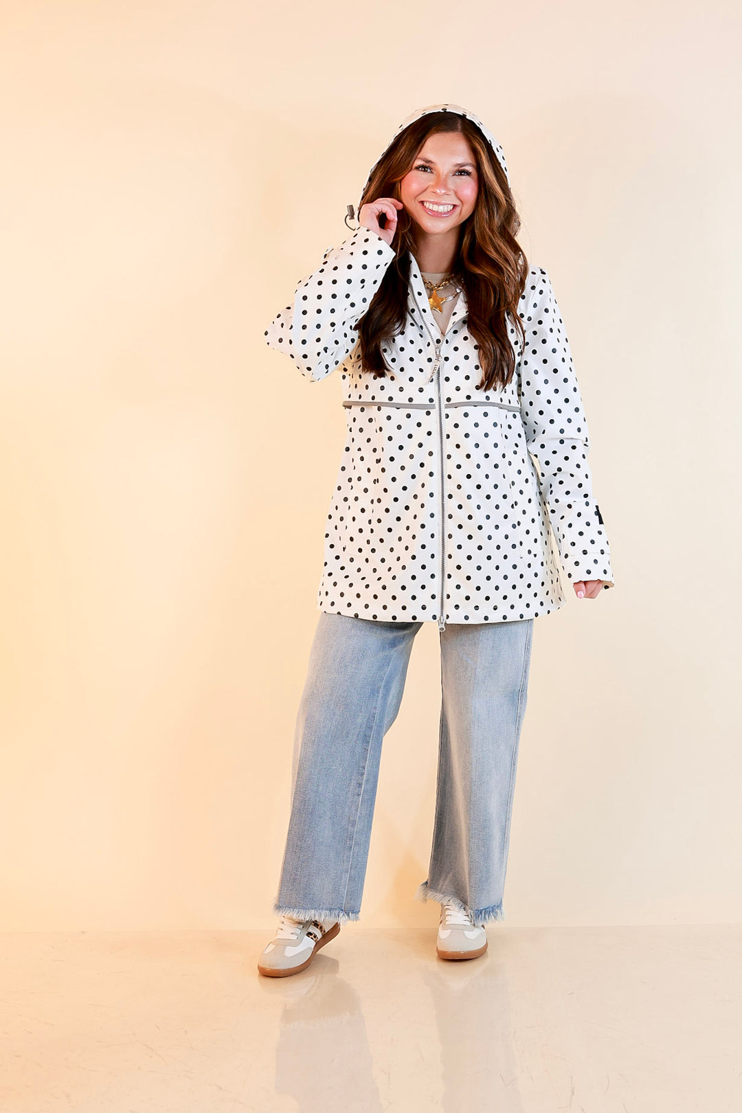 Lulu Mac | Chic Forecast Black Polka Dot Hooded Rain Jacket in Ivory