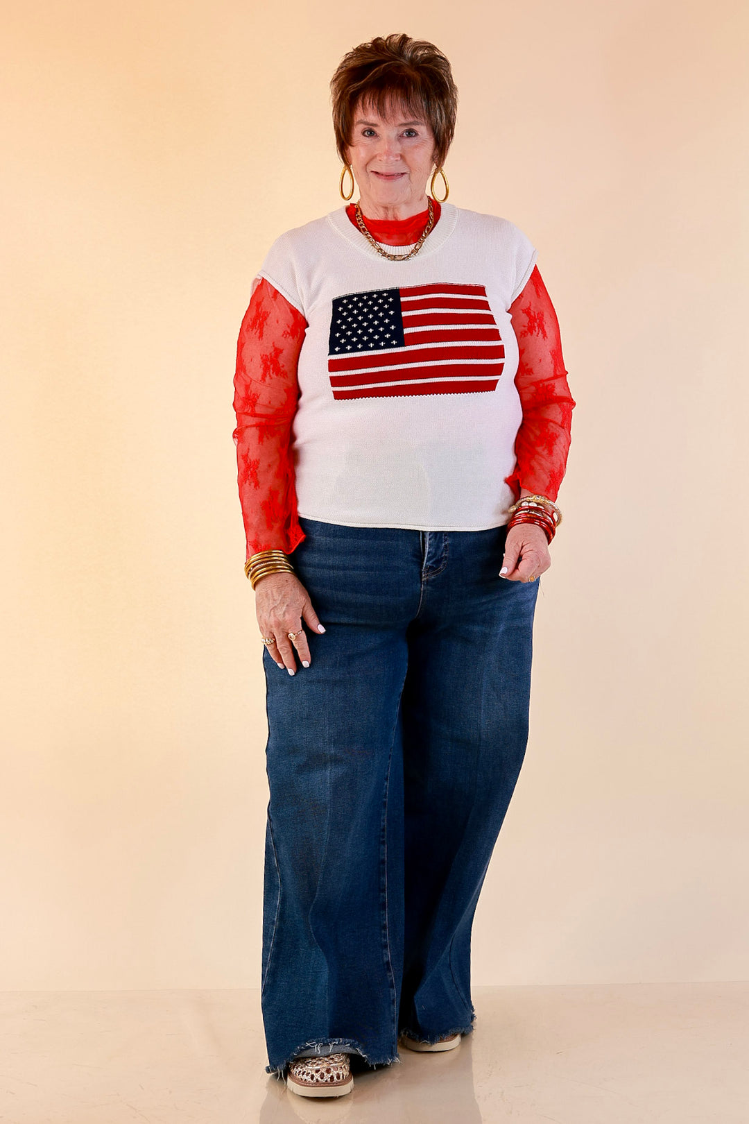 Simply Southern | Star Standard Knit Sleeveless Tank Sweater with American Flag in Ivory