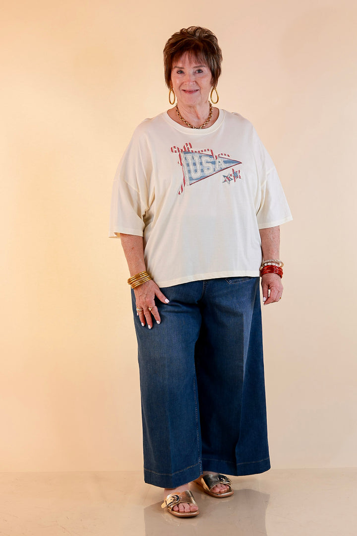 Simply Southern | American It Girl Short Sleeve Graphic Tee with USA Pennant Applique in Beige