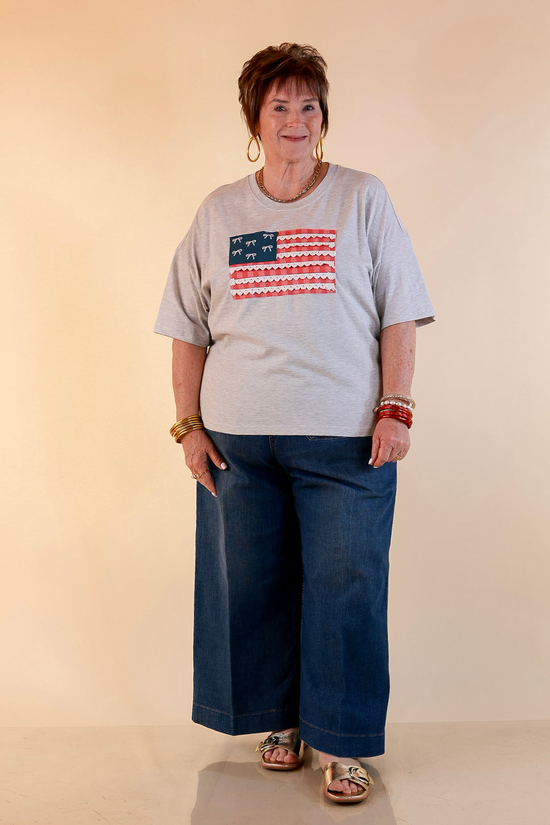 Simply Southern | American It Girl Short Sleeve Graphic Tee with Lace Flag Applique in Heather Grey