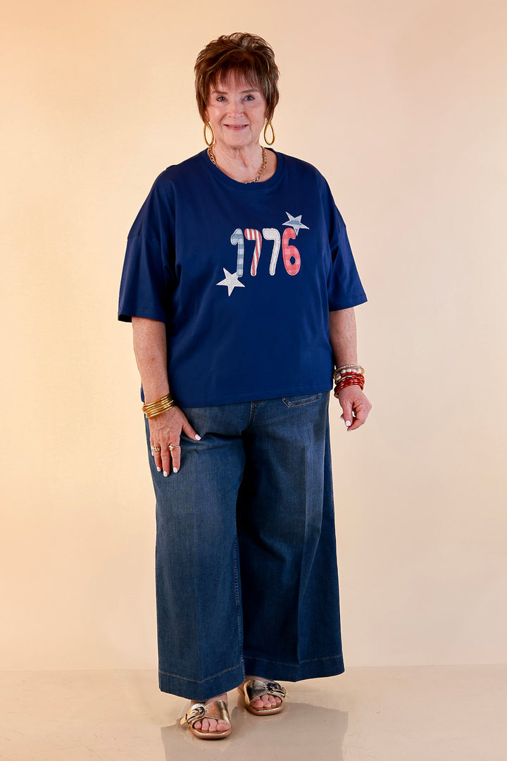 Simply Southern | American It Girl Short Sleeve Graphic Tee with 1776 Applique in Navy Blue