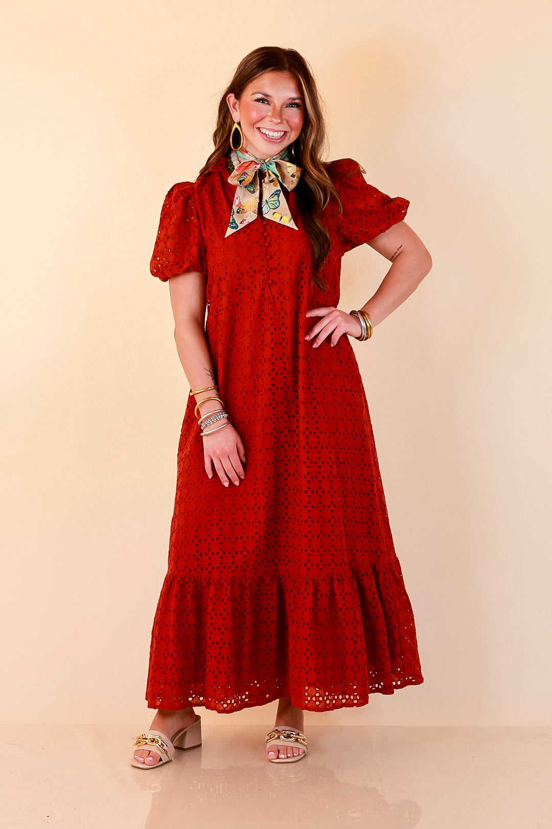 Meet Me at Sunset Eyelet Lace Puff Sleeve Tiered Maxi Dress in Rust Red