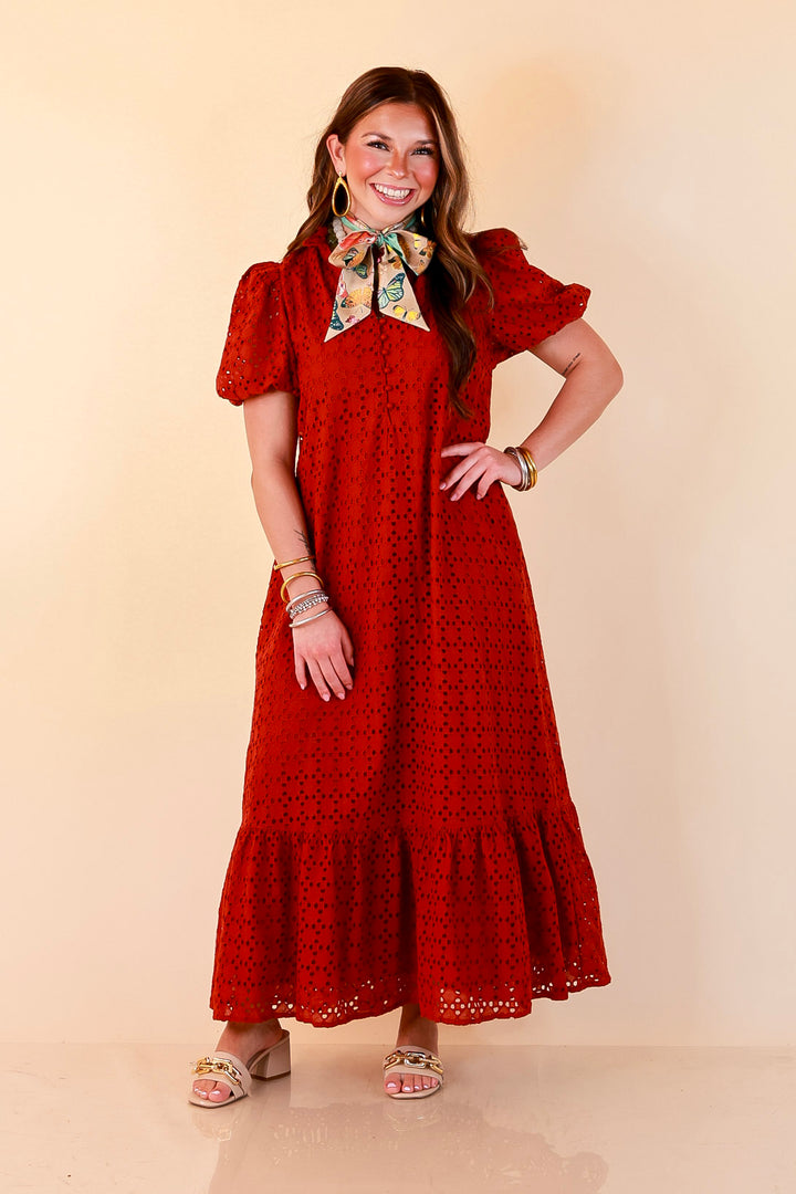 Meet Me at Sunset Eyelet Lace Puff Sleeve Tiered Maxi Dress in Rust Red