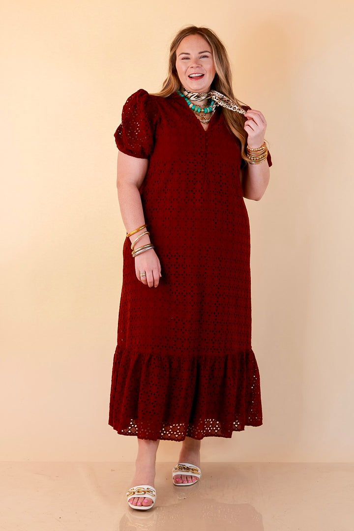 Meet Me at Sunset Eyelet Lace Puff Sleeve Tiered Maxi Dress in Maroon