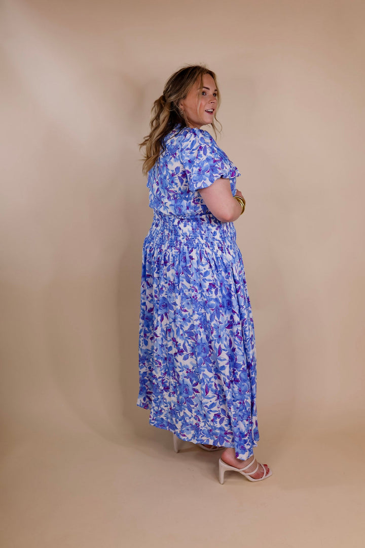Moonlit Bay Floral High Neck Maxi dress with Smocked Waistline in Blue - Giddy Up Glamour Boutique