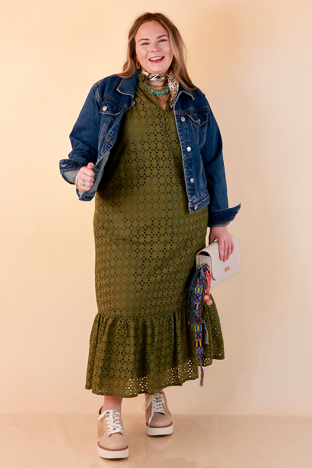 Meet Me at Sunset Eyelet Lace Puff Sleeve Tiered Maxi Dress in Olive Green