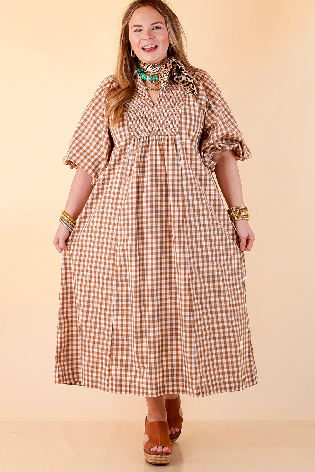 All Eyes on You Smocked Yoke Puff Sleeve Gingham Print Maxi Dress in Camel Brown and Ivory