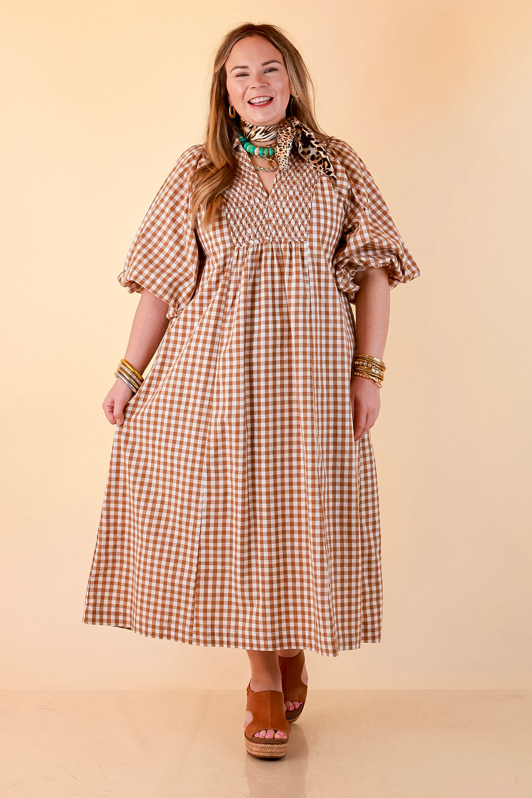 All Eyes on You Smocked Yoke Puff Sleeve Gingham Print Maxi Dress in Camel Brown and Ivory