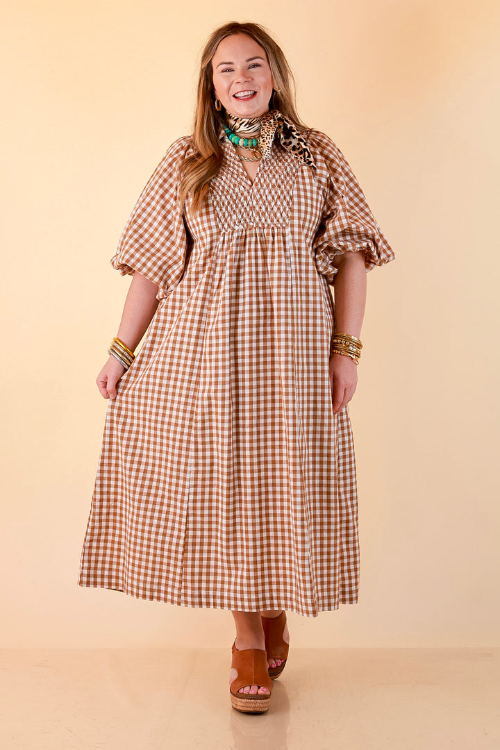 All Eyes on You Smocked Yoke Puff Sleeve Gingham Print Maxi Dress in Camel Brown and Ivory