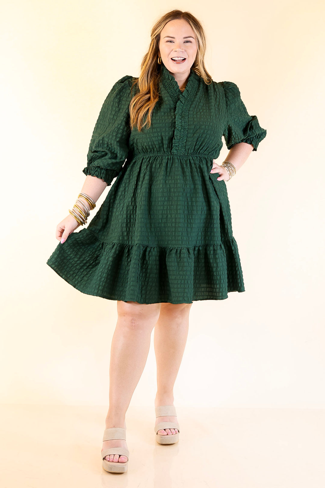 Call Me Captivating Dress with Smocked Waist and Long Sleeves Sleeves in Emerald Green