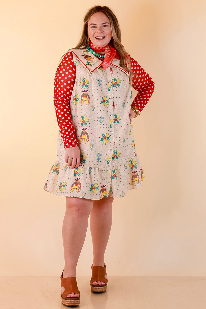 The Showstopper Sleeveless Pearl Snap Cowboy, Floral and Polka Dot Print Ruffle Dress with Sailor Collar and Cowboy Embroidery in Cream