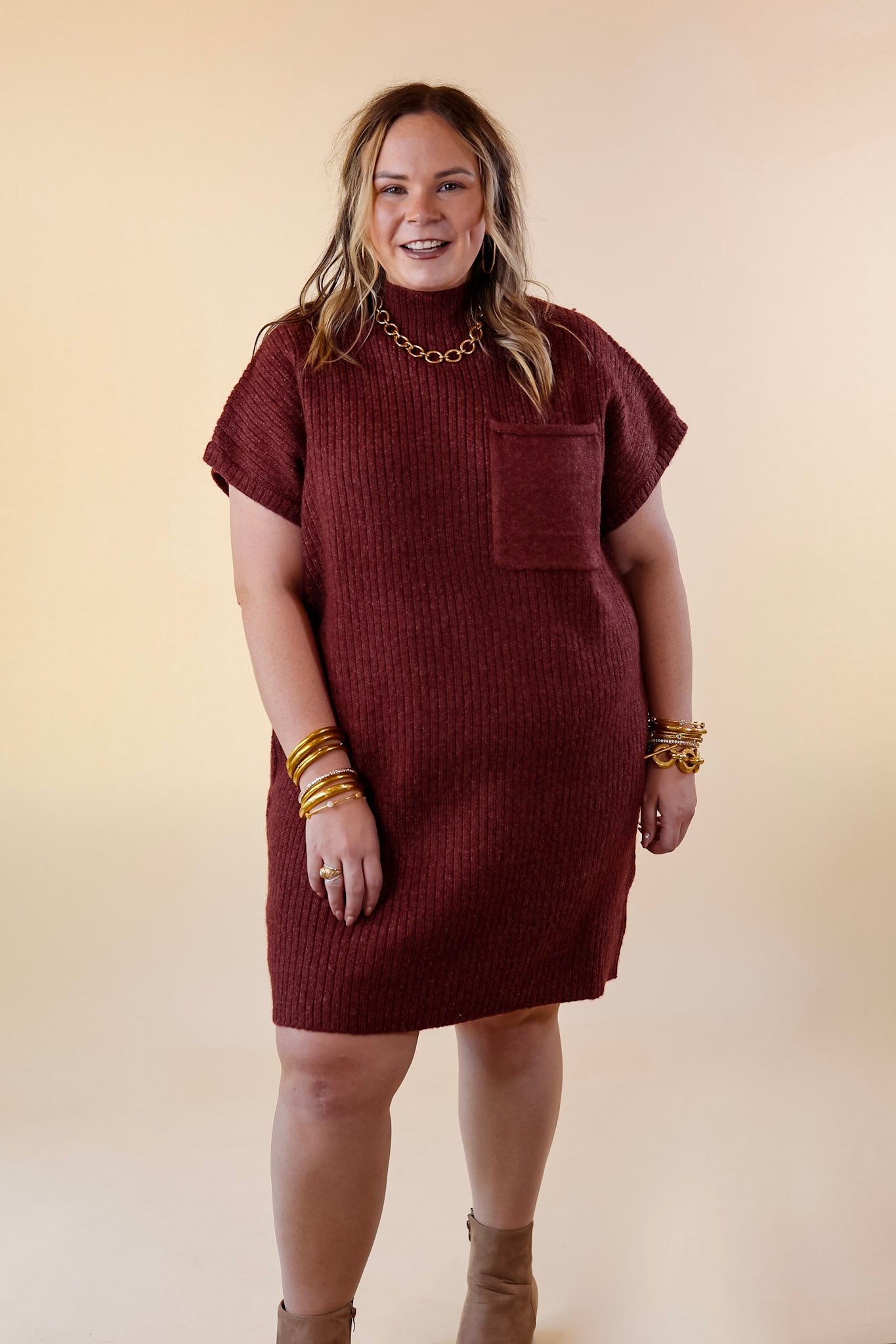 City Sights Cap Sleeve Sweater Dress in Maroon - Giddy Up Glamour Boutique